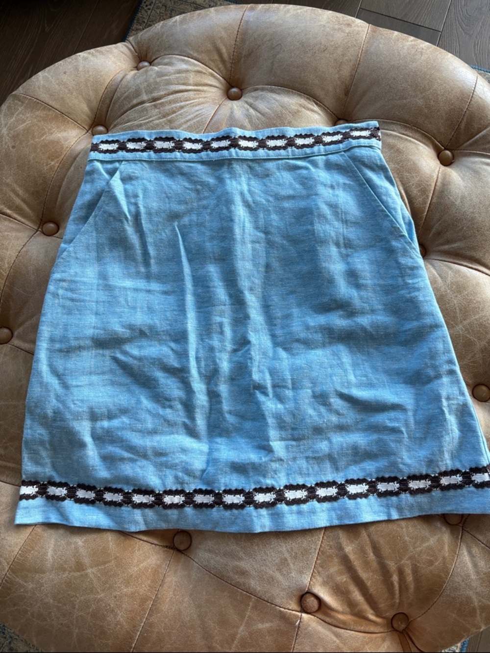 Carleen Made in USA Blue Linen Blend Women's A-Line Skirt with Decorative Trim